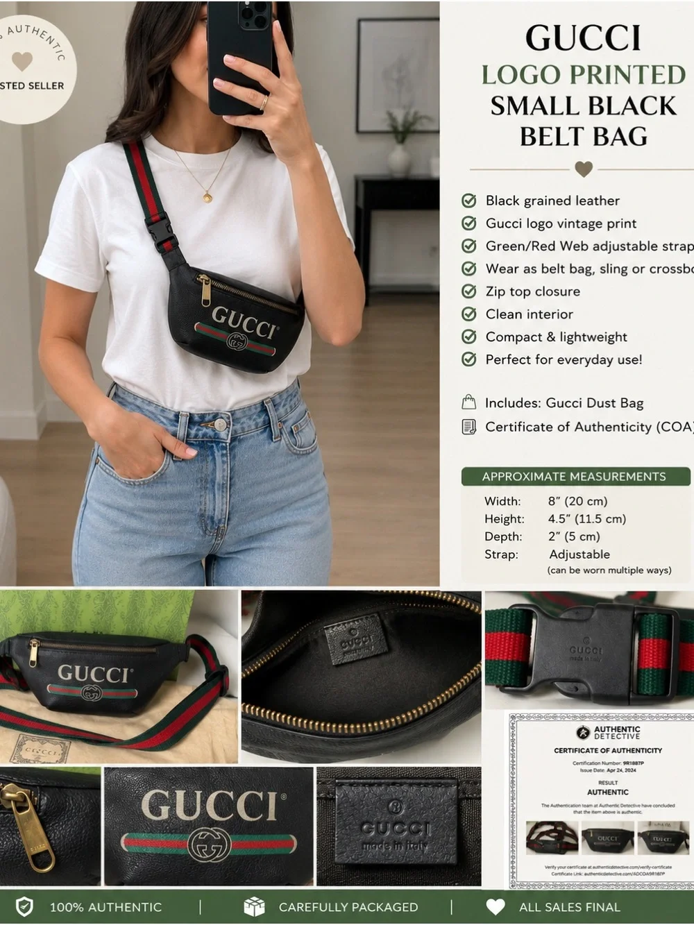 Gucci Print Leather Belt Bag Black Web Stripe Crossbody Waist Bag